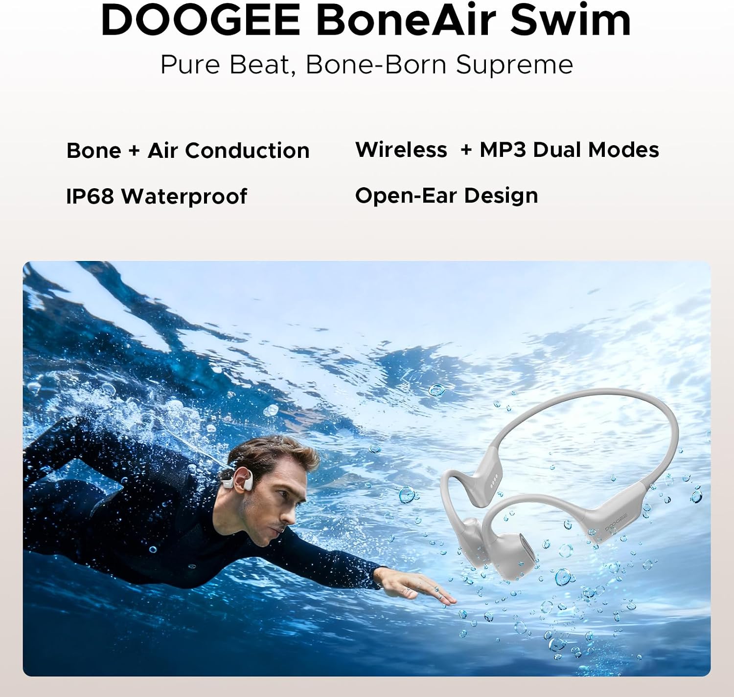 Bone Air Swim Bone Conduction Headphones Open Ear Wireless Waterproof Headphones 64GB IP68 Dual Conduction Headphones 8H Playtime Open Ear Sports Headphones for Cycling Swiming - LGray image 2