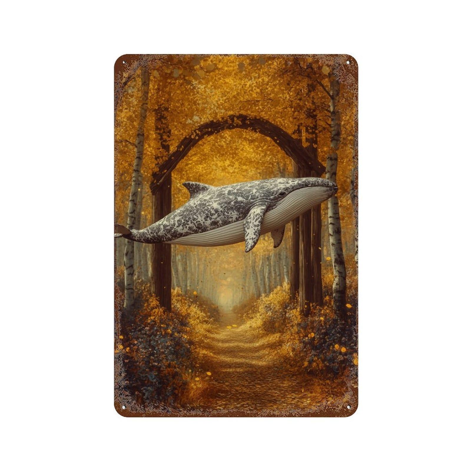 Whale in Autumn Forest-3 Weathered Tin Sign 11.8"x7.9", Novelty Wall Decor for Garage, Pub Or Kitchen