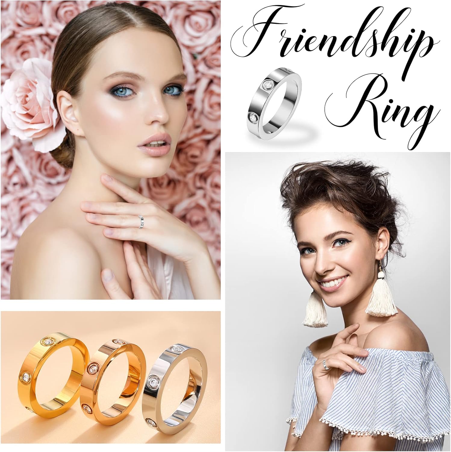Love Friendship Rings 18K Gold Plated Silver with CZ Stainless Steel Promise Rings Wedding Band Fashion Love Rings for Her Women with Gifts Box - Image 4