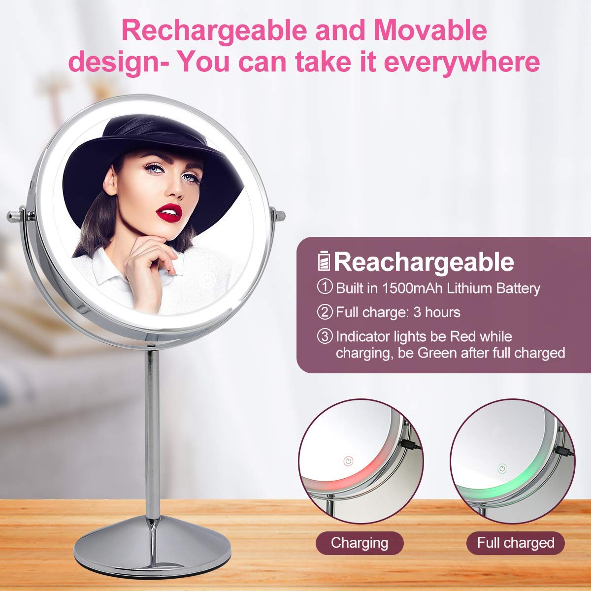 8 Inch Rechargeable Lighted Makeup Mirror, Double Sided Makeup Vanity Mirror with 3 Colors Lighting, 10X Magnifying Mirror, Touch Sensor Dimming, Tabletop Round Cosmetic Light Up Mirror (Chrome) : Beauty & Personal Care