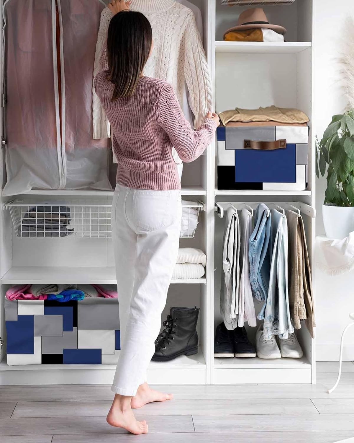 Storage Basket Abstract Geometric Large Foldable Storage Bins with Handles Mid Century Blue Nordic Waterproof Fabric Laundry Baskets for Organizing Shelves Closet Toy Gifts Bedroom Home Decor