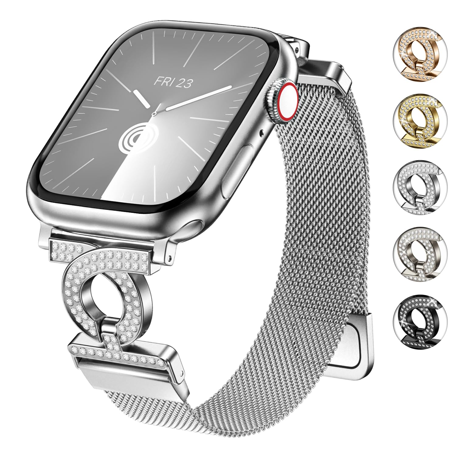 wutwuk Compatible with Apple Watch Band 41mm 40mm 38mm 42mm Women,Stainless Steel Milanese Metal Replacement Magnetic Clasp Strap with Rhinestones for iWatch Bands SE(2)/10/9/8/7/6/5/4/3/2/1-Silver