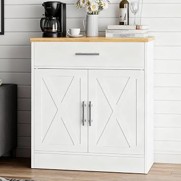 SUNLEI Coffee Bar Cabinet, Wooden Storage Cabinet with 2 Doors and 1 Drawers, Adjustable Shelf, Modern Farmhouse Kitchen Buffet Sideboard Cabinet with Storage for Kitchen, White&Yellow