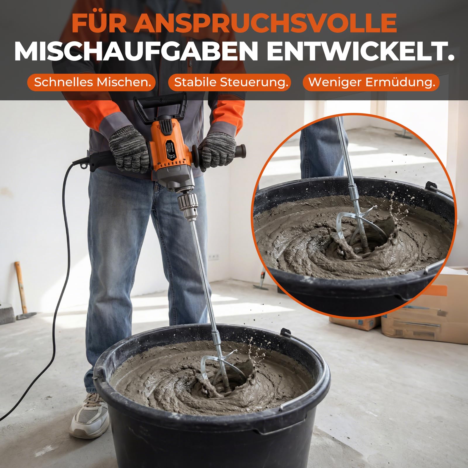 Rührwerke 20A Bohrmischer Set, 1100 U/min, 5/8" Metallbohrfutter, Betonmischer mit 360° D-Griff, Rührwerk & Bohrmaschine in einem für Mörtel, Beton, Farbe