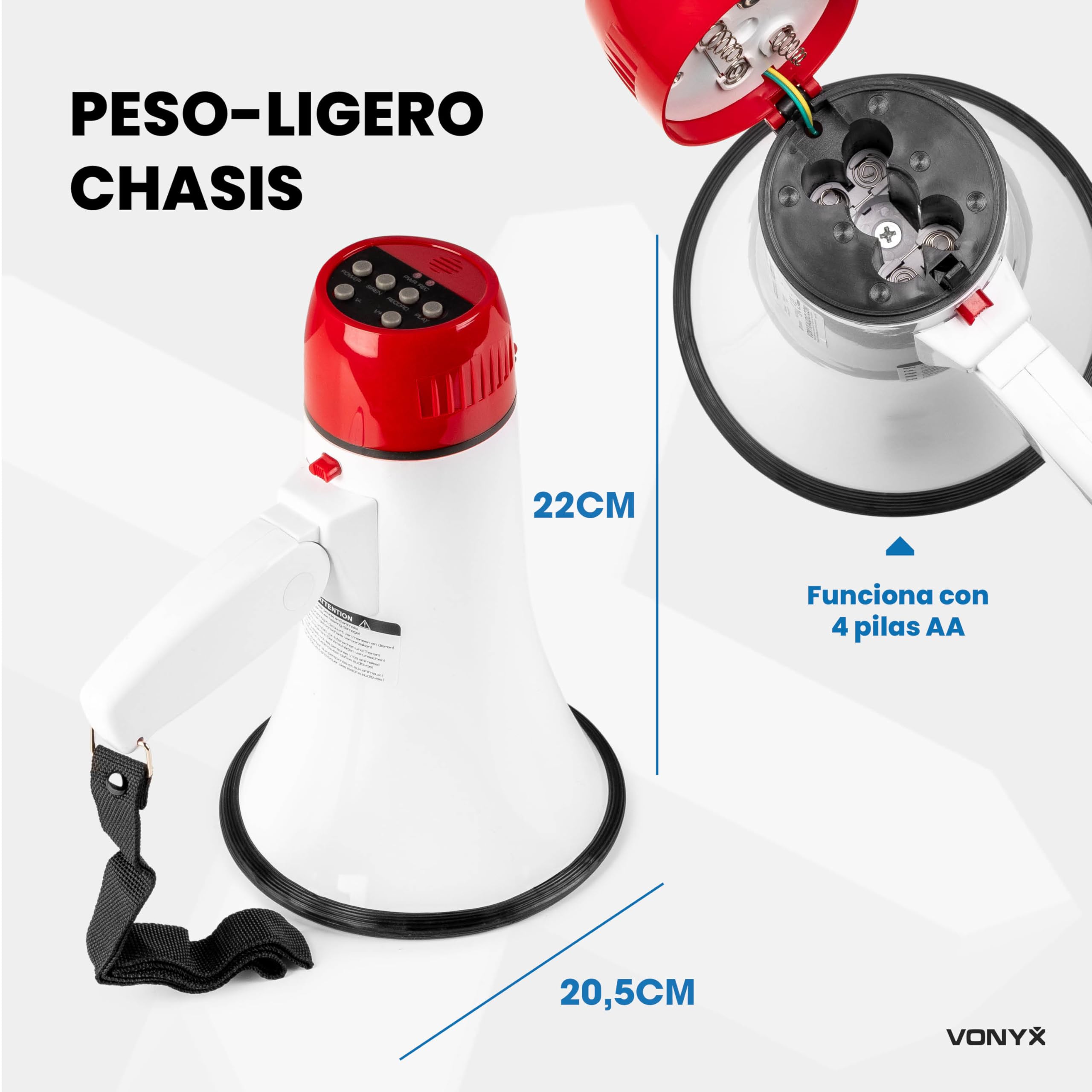 Vonyx MEG018 Megáfono Bluetooth 18W 600m Alcance Sirena Grabación 60s Ligero Eventos Deportes