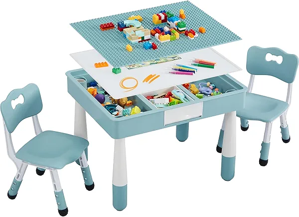4 in 1 Kids Table and 2 Chairs Set, Toddler Table and Chair Set for Kids Ages 3-10, Activity Tables for Building Blocks/Drawing/Reading/Dining，Gift for Boy & Girl (Grayish Blue)