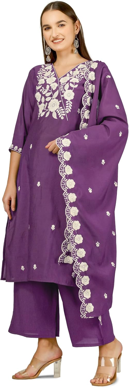 ladyline Maslin Silk Salwar Kameez with White Chikankari Embroidery | Cutwork Dupatta & Palazzo | Ethnic Kurta Pants Suit Set