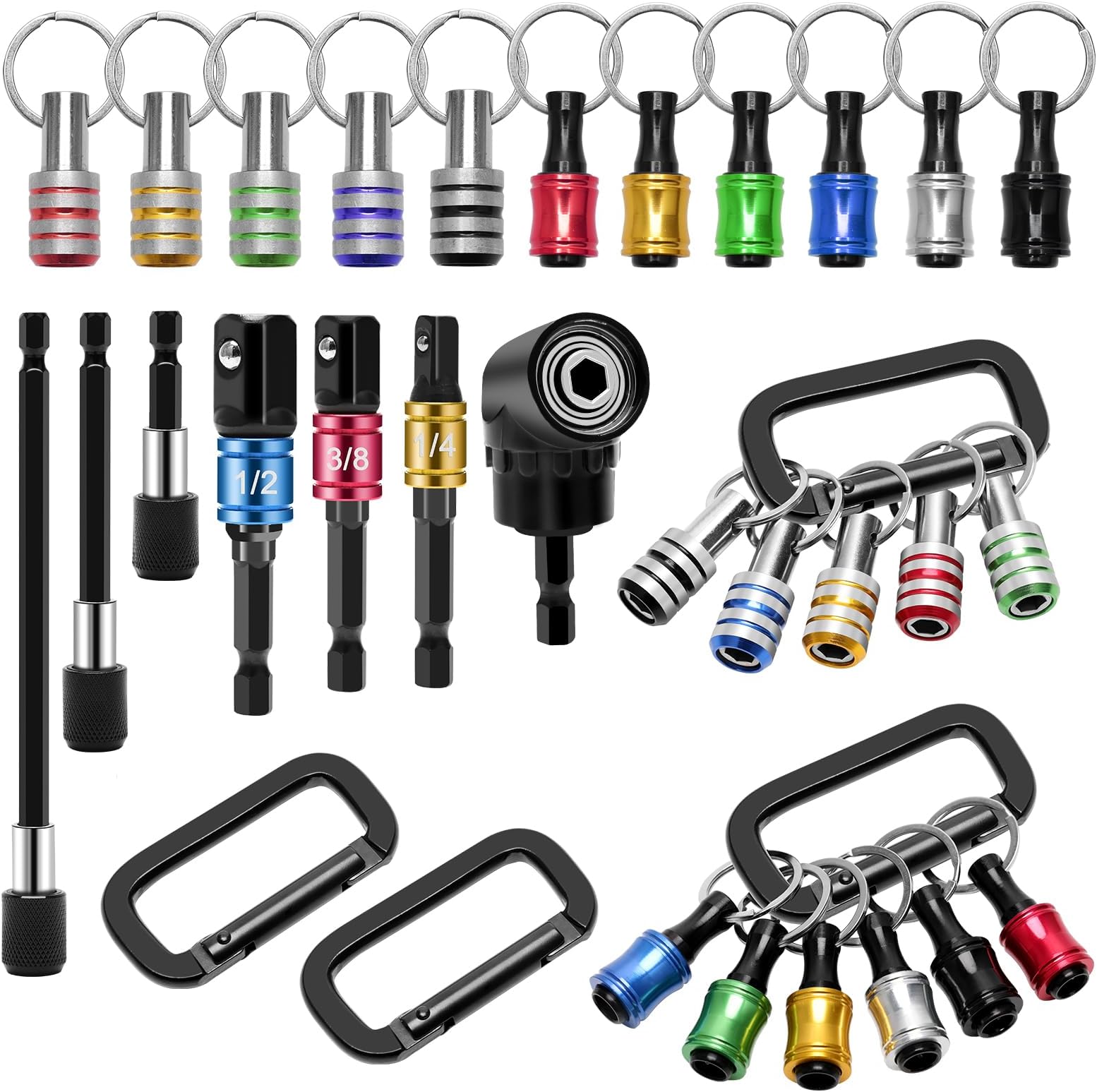 18PCS Bit Holder Cool Gadgets, 11P Drill Bit Holder Keychain/ 3P Impact Drill Sockets Adapter/ 3P 1/4’’ Quick Hex Shank/ 105°Right Angle Driver with 1/4’’Hex Shank