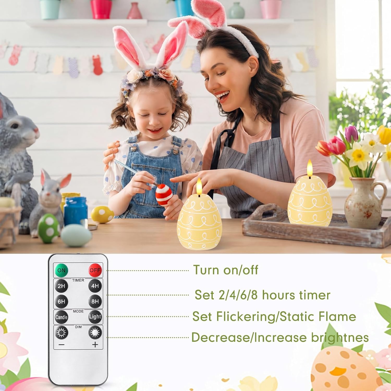 Baquler 2 Pcs Easter Egg Flameless Candles with Timer Egg Shape LED Candle Real Wax Battery Operated Flickering LED Candles Gift No Battery for Easter Party Living Room Home Decor (Yellow)