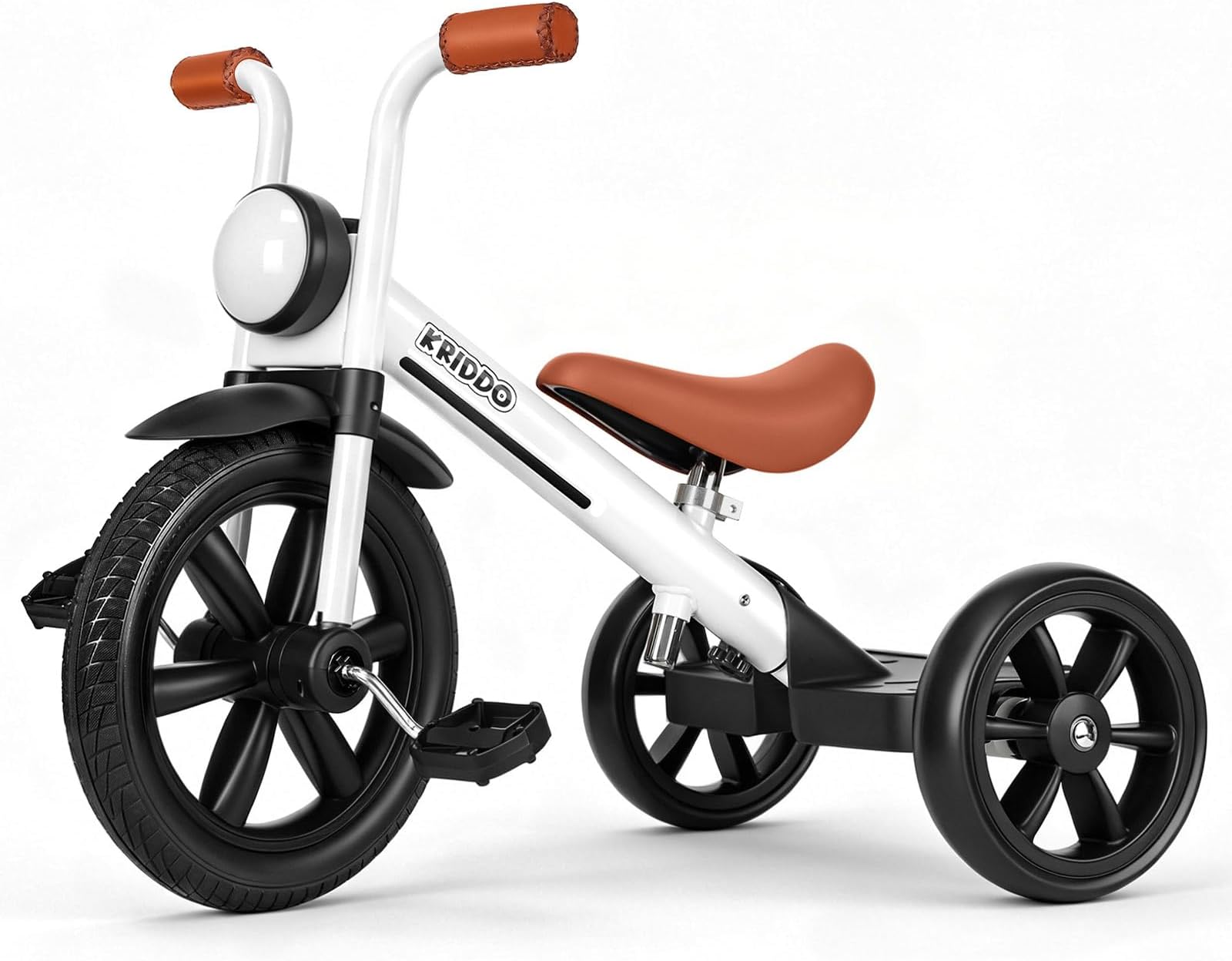 - Kids Tricycle, 12 Inch Puncture Free Wheel w Front Light, Adjustable Seat Height, Gift for 2-5 Year Olds, White