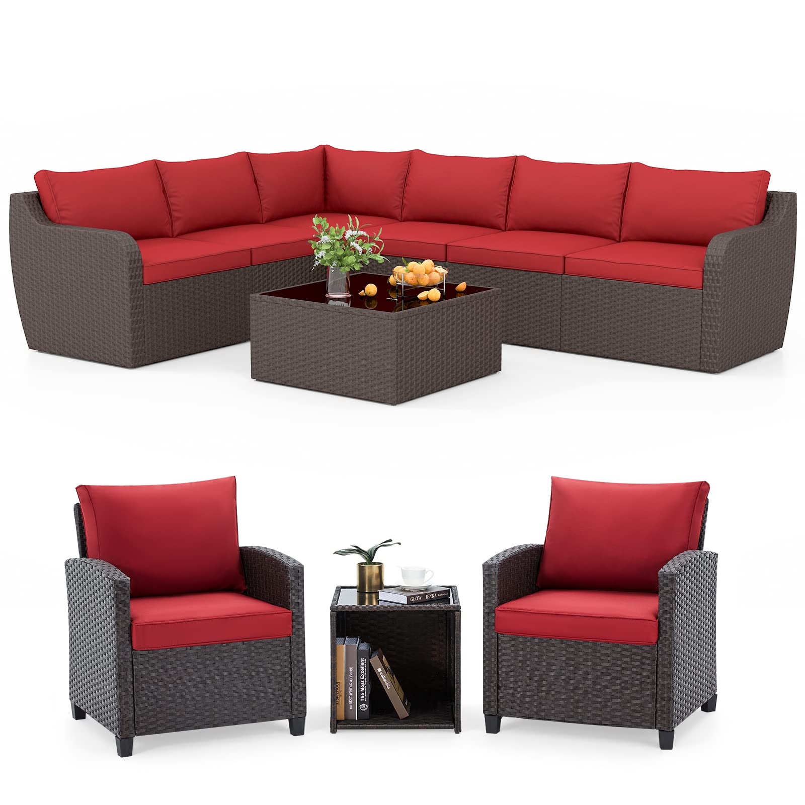 10-Pieces Patio Furniture Sets, Rattan Wicker Outdoor Sectional Furniture Set, Conversation Sofa Set with Table & Thick Cushion (Wine Red)
