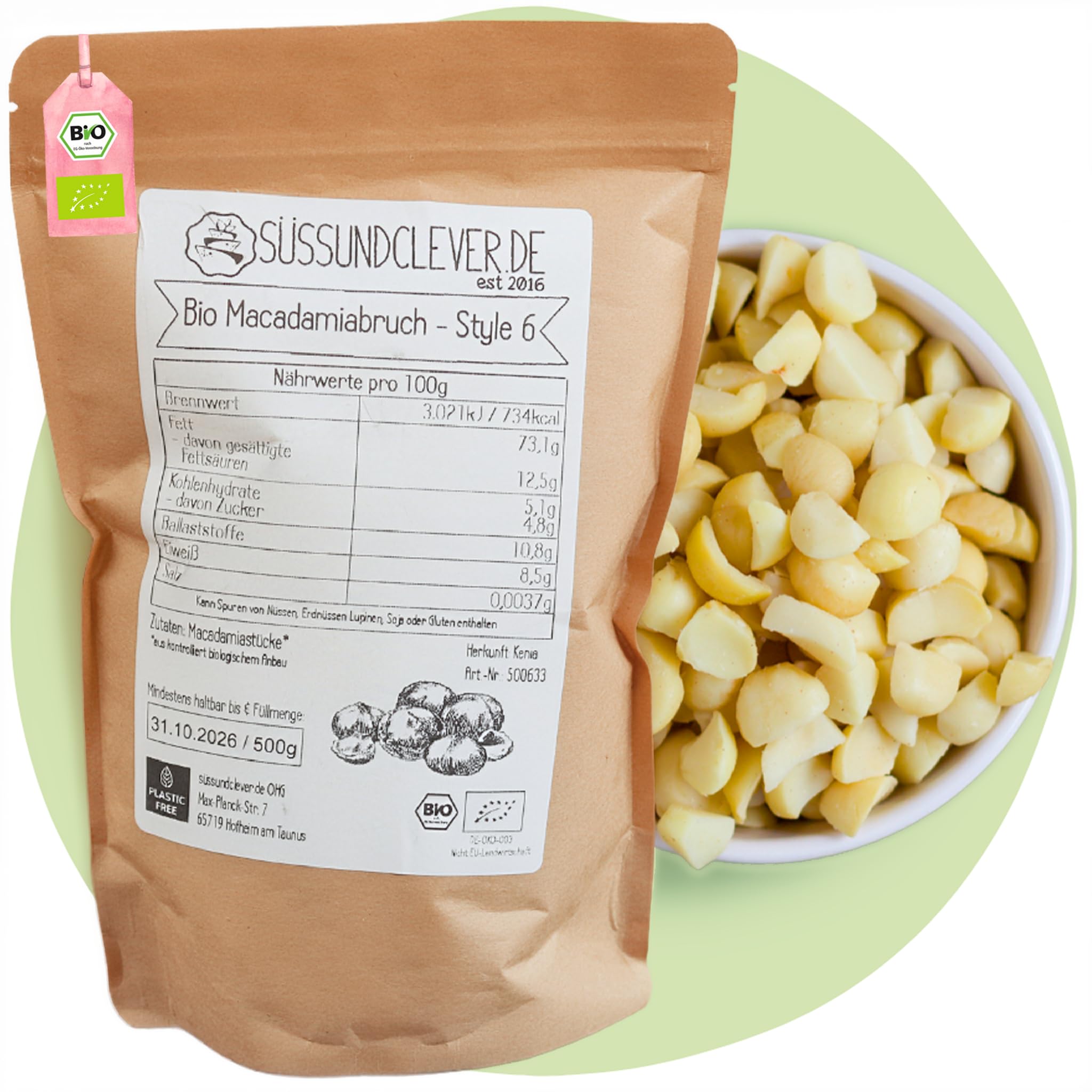 süssundclever.de® Bio Macadamiabruch | Macadamiakerne | 1,0 kg | Macadamia | Style 6 | plastikfrei und ökologisch-nachhaltig abgepackt
