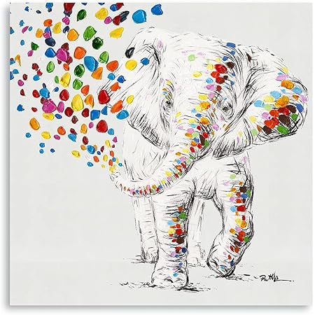 Happy Elephant Canvas Wall Art Cute Elephant Spraying Water Picture Print for Kids Room Bathroom Poster Framed Ready to Hang (20"x20"x1 Panel)
