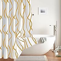 Vista 7 de Biscaynebay - Cortina de ducha extralarga de tela texturizada de 72 x 72 pulgadas, cortinas de baño modernas de lino con rayas doradas impresas