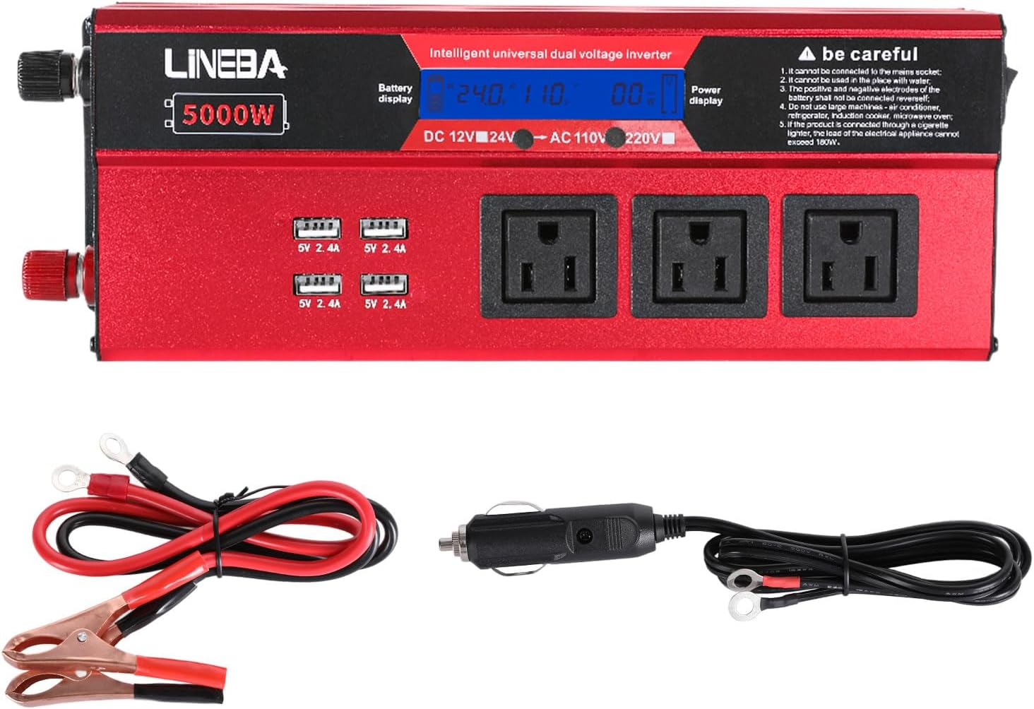 5000 Watt Power Inverter with LED Display, 3 AC Outlets, 4 USB Port, 24V DC to 110V AC Converter Car Power Inverter for Car, RV, Truck, Off Grid Solar System, Camping