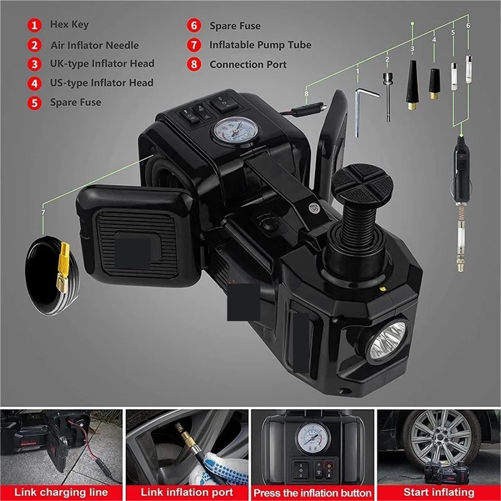 Podnośnik Hydrauliczny, Zestaw podnośnika samochodowego 12 V 3 w 1 elektryczny podnośnik hydrauliczny 5 ton z kluczem udarowym, kompresorem, światłem LED, przenośne narzędzie do podnoszenia samochodu(