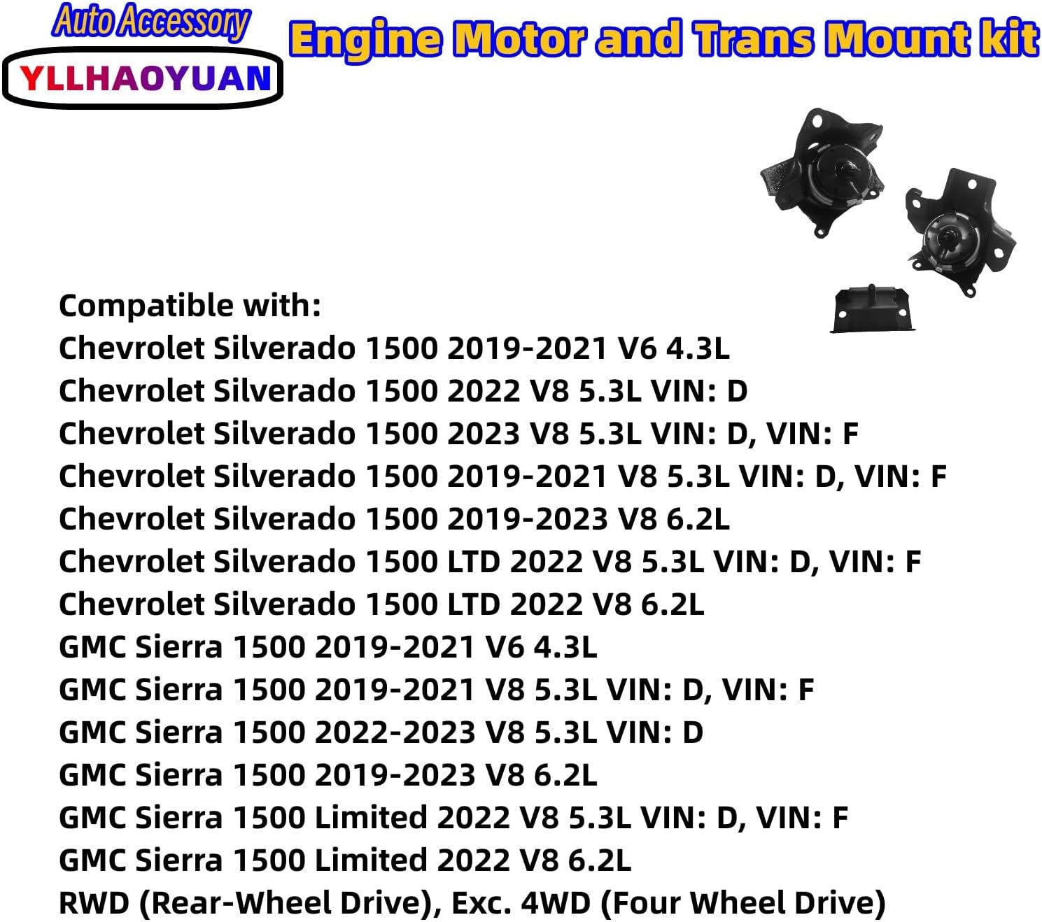Set of 3 Engine & Transmission Mounts for Silverado Sierra 1500 2019-2023 5.3L 6.2L - Replaces 3557, 3556, 2811 - Fixes Vibration (RWD)