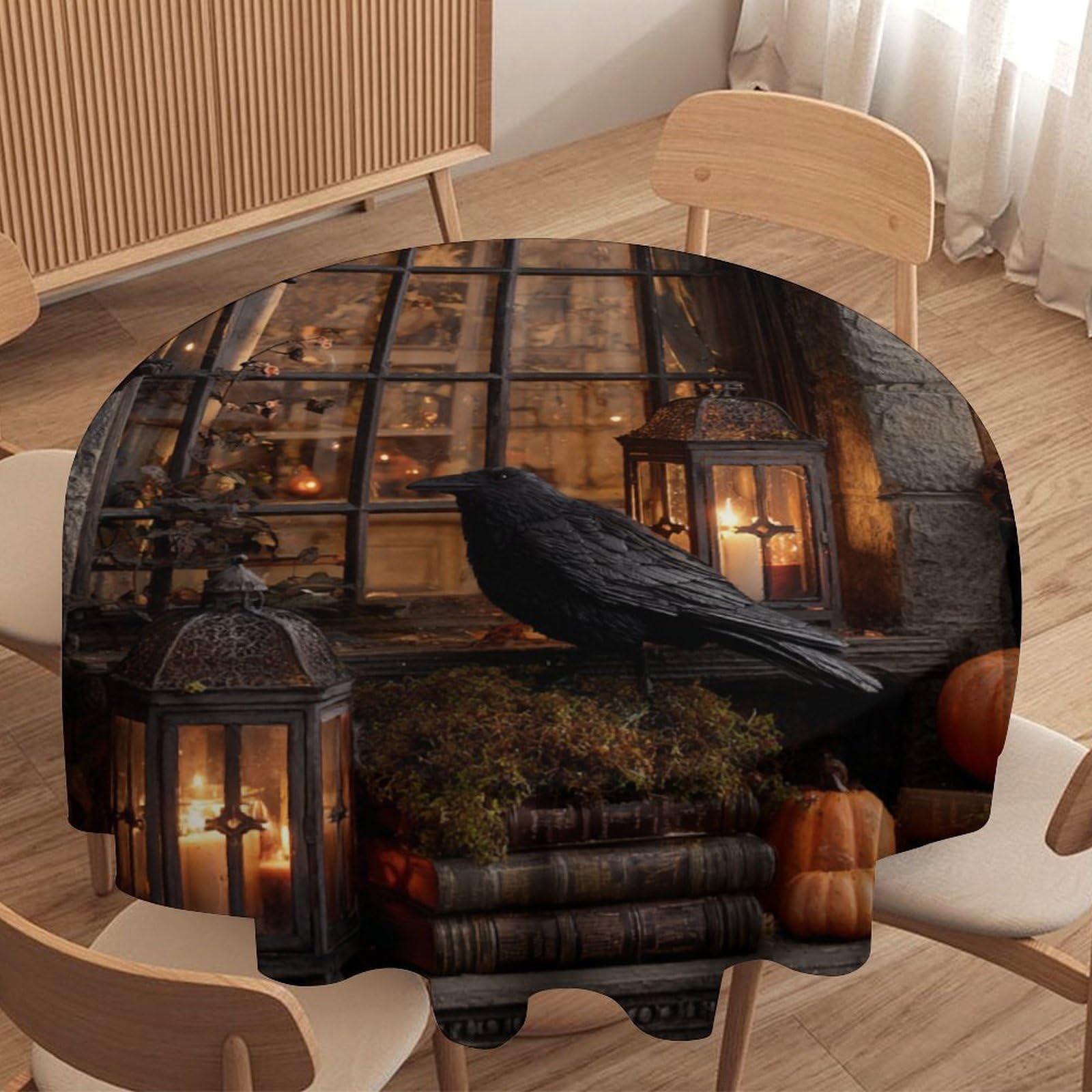 LUYYSKY Classic Abstract Gothic Crows Waterproof Round Tablecloth Modern Watercolor Halloween Animals Raven Maple Leaves Pumpkins Washable Table Cover for Kitchen-91.4" Wx91.4 L cm
