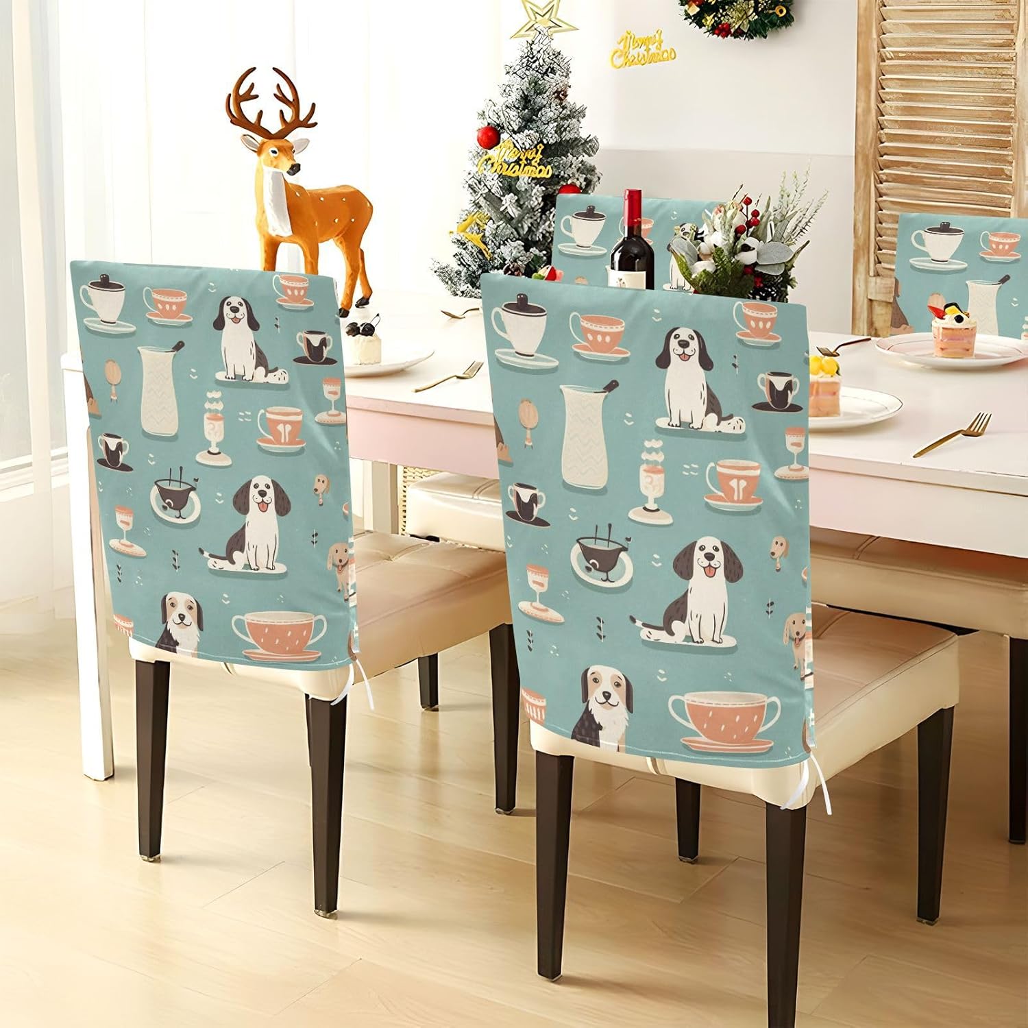 ALAZA Coffee Cups and Dogs Chair Back Cover Set of 6, Washable Reusable Removable Chair Slipcovers Decorative Chair Cover for Home Kitchen Wedding Party