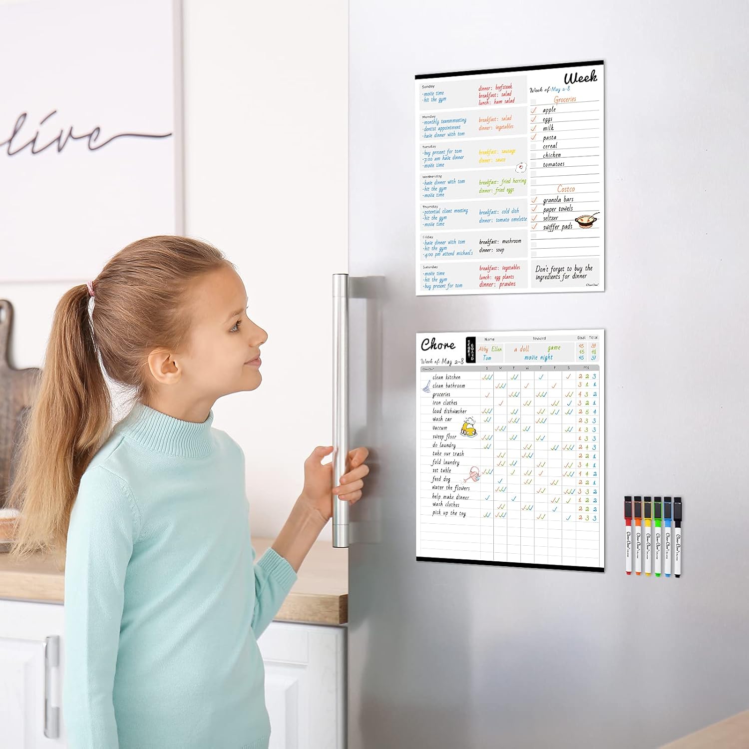 Magnetic Dry Erase Reward Chore Chart - 10"x12" Weekly Planner for Fridge - 6 Extra Fine Point Markers Included - Combo Set Shipped Flat : Office Products