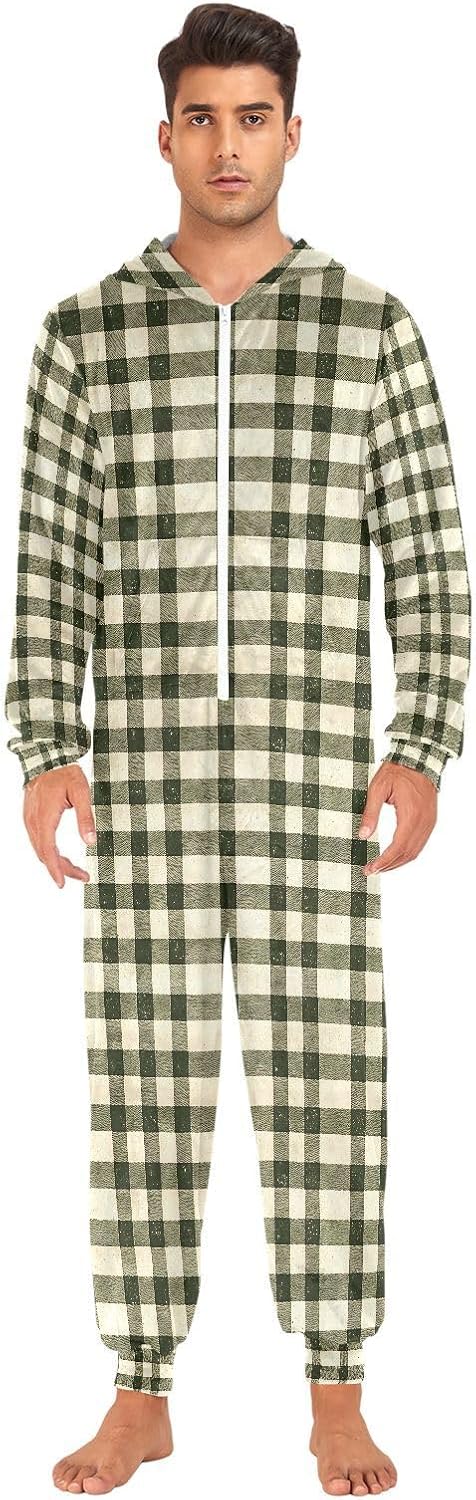Green Checkered Buffalo Plaid B Adult Onesie Pajamas Novelty One Piece Costume Sleepwear Jumpsuits Matching PJS