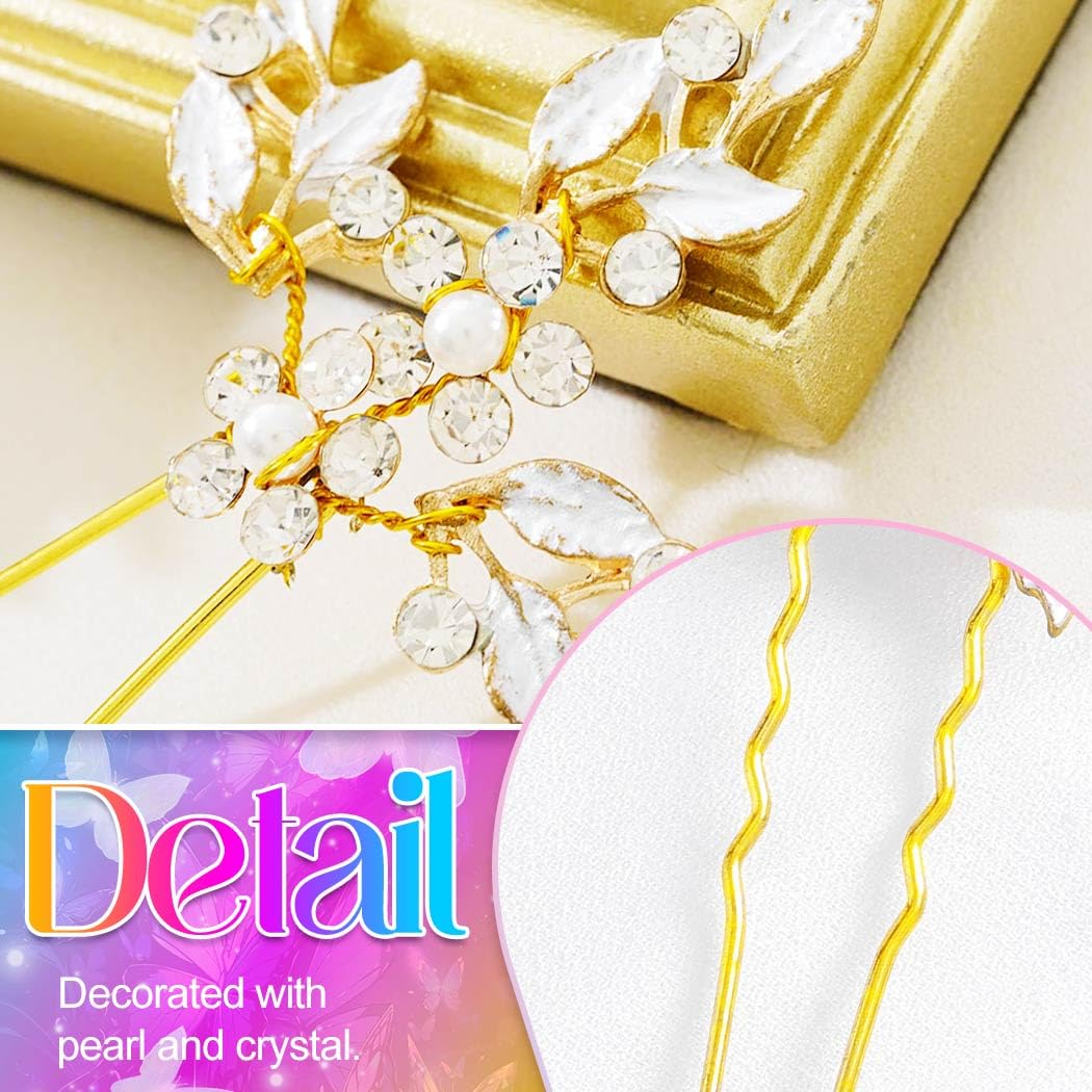 Heread Leaf Bride Wedding Hair Pins Crystal Bridal Head Dress Pearl Hair Accessories for Women and Girls (Pack of 3) (C Gold) - Image 5