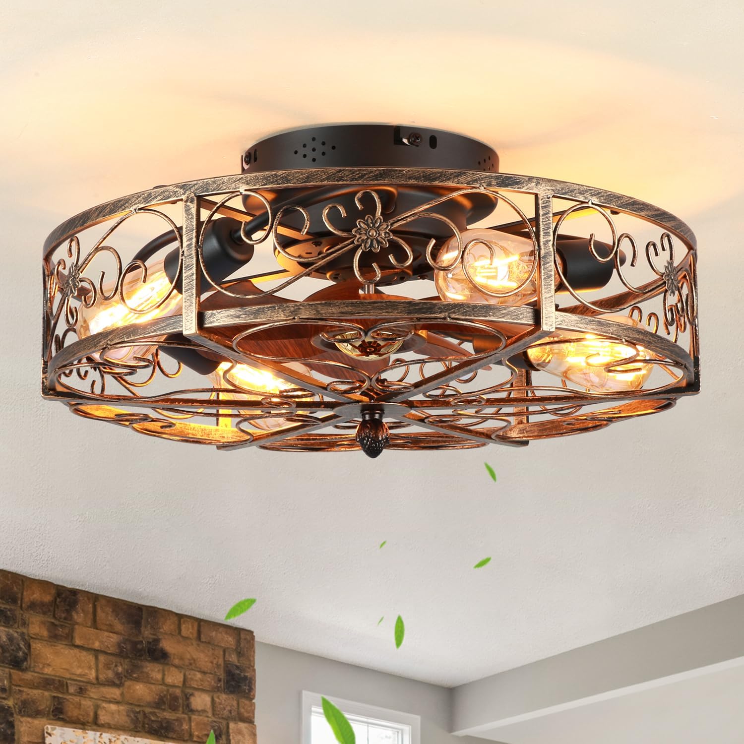 20'' Caged Ceiling Fan with Lights and Remote Control,Small Farmhouse Bladeless Low Profile Ceiling Fans Lights,Vintage Flush Mount Ceiling Light,Reversible Motor 6 Speeds for Bedroom,Living Room