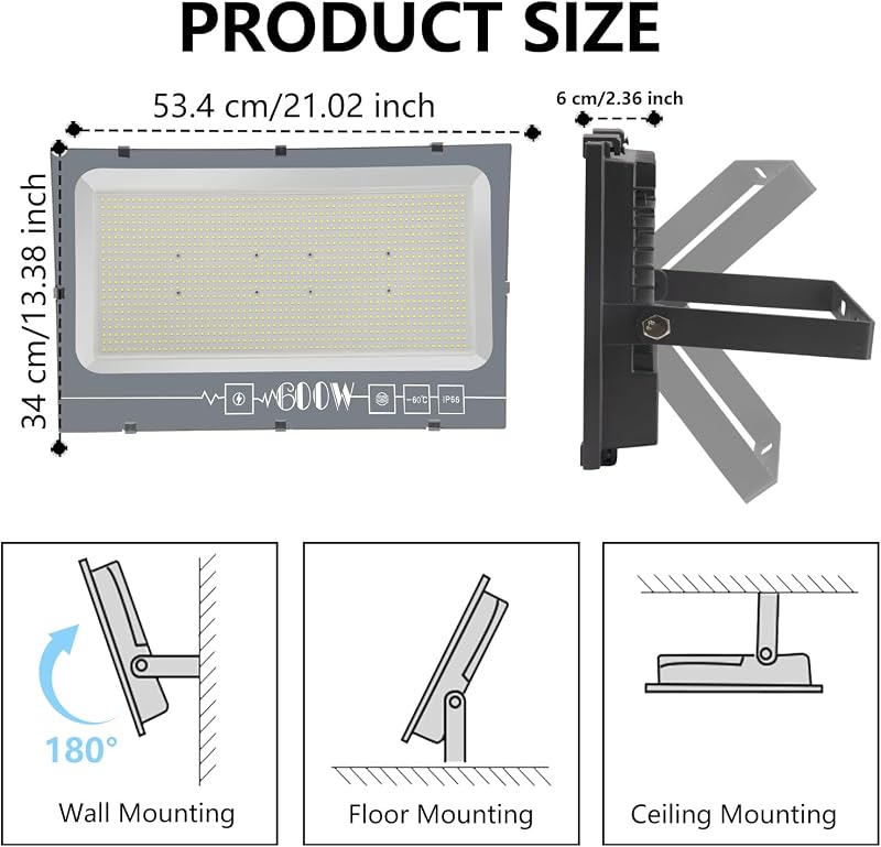 loyal 600W LED Reflektor, 60000 Lumen, 6000K Hideg Fehér, IP66 Vízálló Kültéri Világítás, Alumínium Házas Fényvető Kerthez, Építkezéshez, Ip