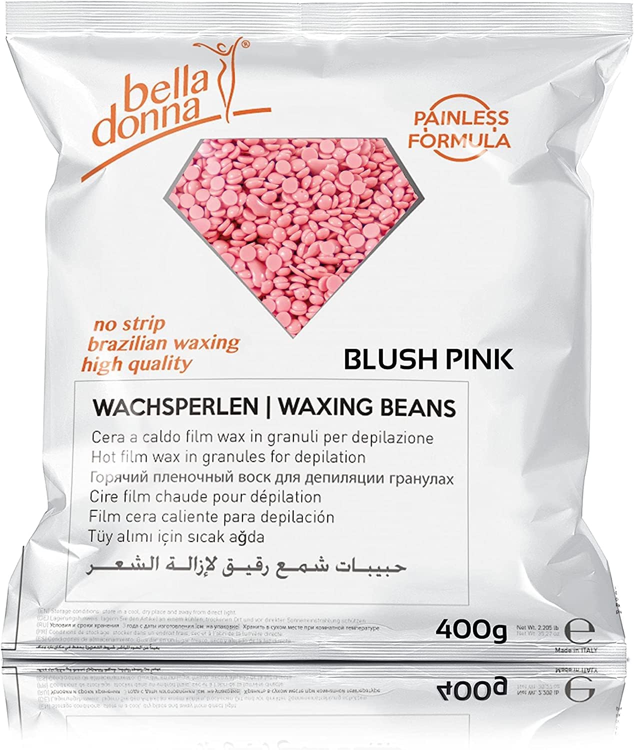 Bella Donna"Blush Pink" Wax Pearls for Stripless and Painless Hair Removal, 400g -Flexible and Creamy Formula