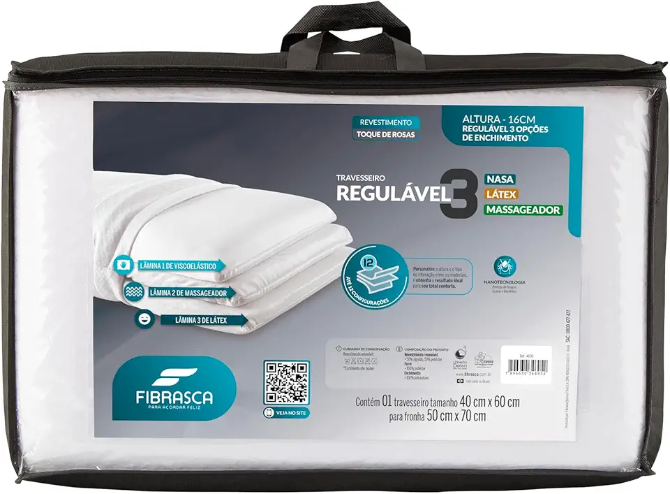 Travesseiro Regulável Visco NASA, Espuma Massageadora e Látex, Personal Mix 3, 50x70 cm, Fibrasca