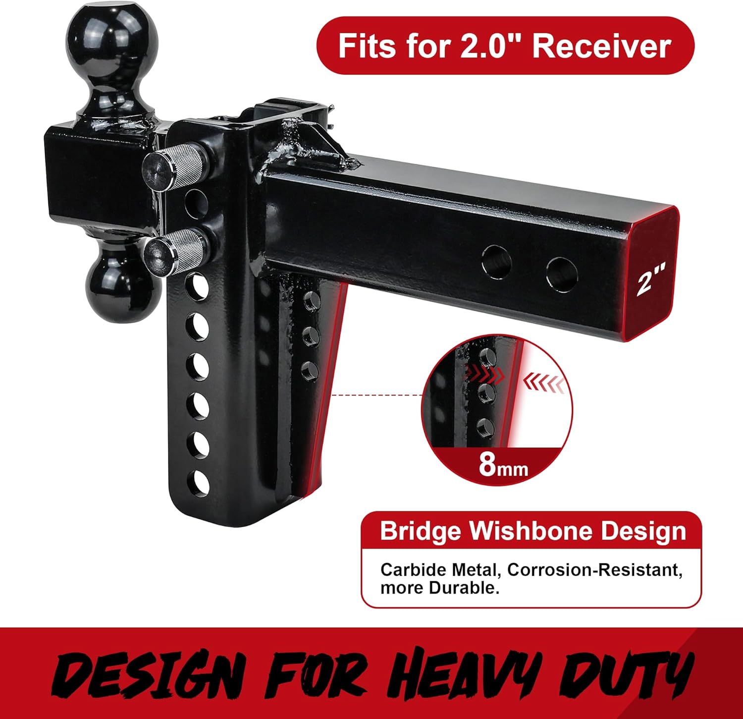 DBXB-RV Adjustable Trailer Hitch Drop Hitch Tow Hitch, Fits 2-Inch Receiver, Heavy Duty Tow Hitch with 6-Inch Drop/Rise, 2" & 2-5/16" Ball Hitches, 20,000 LBS GTW. Anti-Theft Hitch Locking Pins.