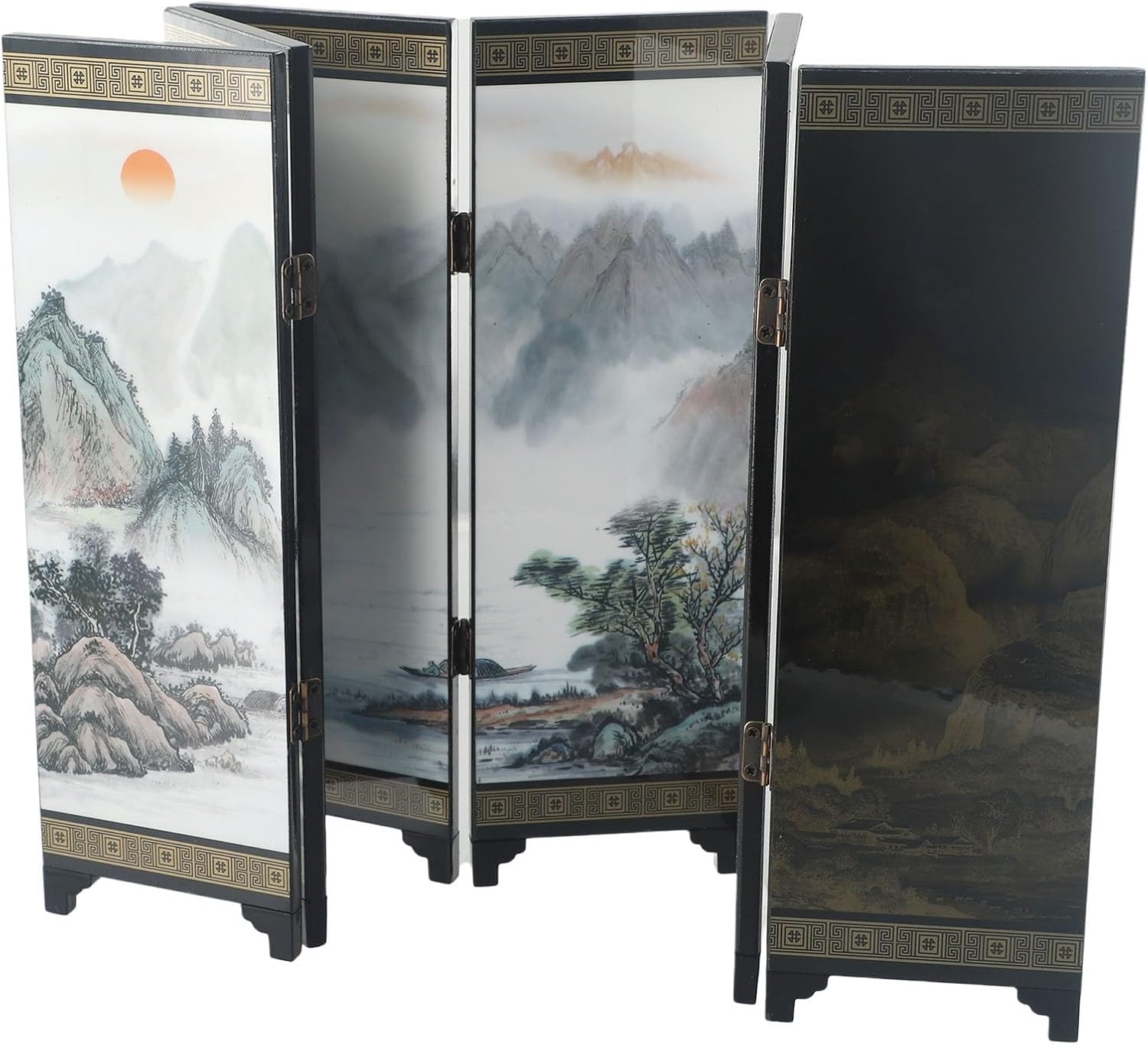 Wooden Chinese Style Vintage Folding Panel Screen Room Divider, 6-Piece Mini Decorative Privacy Partition for Home Office