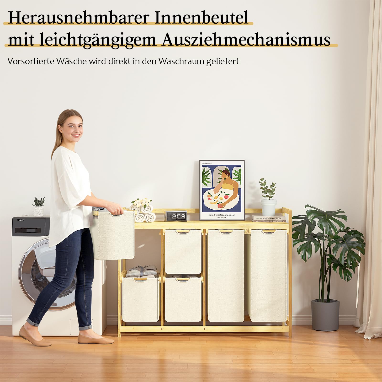 efluky 200L Wäschekorb 6 Fächer, Große Wäschesammler mit Korb Wäschesortierer mit 2 Wäschesäcken und 4 Stoffboxen, Laundry Basket Wäschebox Bambus Wäscheregal für Badezimmer, Schlafzimmer, Beige