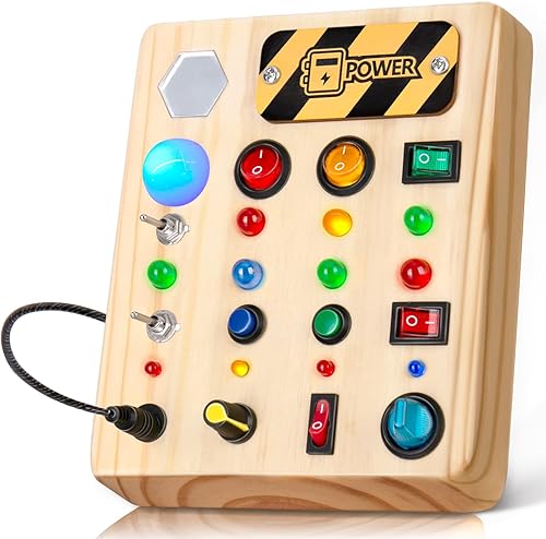 Miniatura 9 de Tablero Ocupado con Luz LED, Juguetes Sensoriales de Madera para Niños Pequeños, Juguete Musical Montessori para Avión, Actividades de Viaje