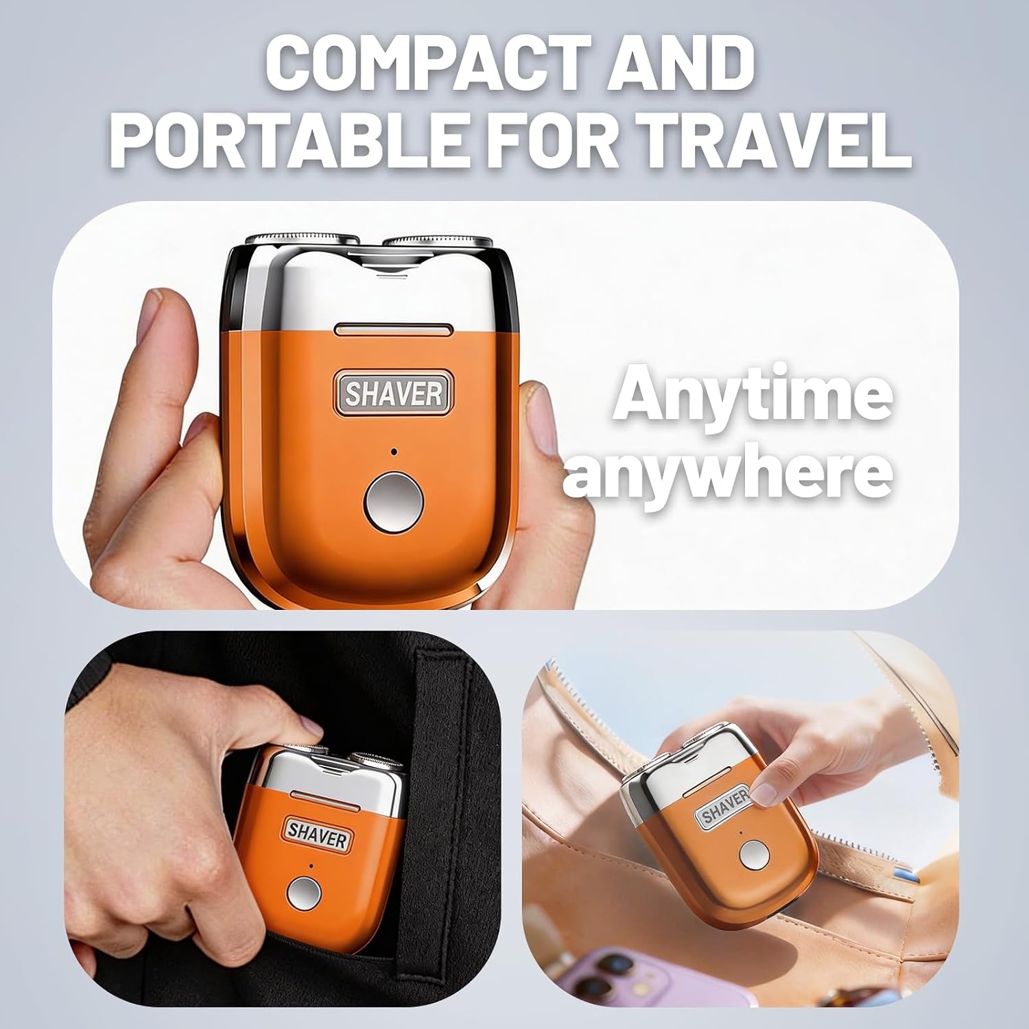 Portable Electric Razor for Men Travel Shavers for Men Rechargeable Mini Electric Shaver Waterproof Cordless Shavers for Men with USB-C Fast Charge, Orange