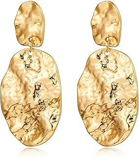 Chunky Gold Drop Earrings, Hammered Statement Dangle Earrings for Women