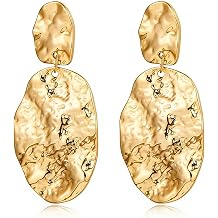 Chunky Gold Drop Earrings, Hammered Statement Dangle Earrings for Women