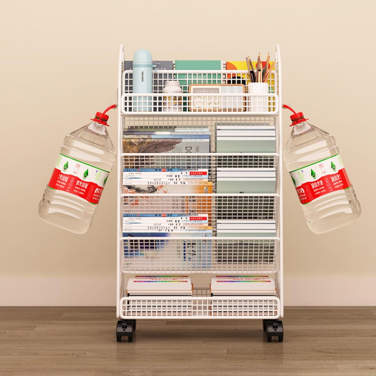Book cartMobile Bookshelf Rolling Cart, Rolling File Cart 5 Tier Rolling Book Cart with Slanted Shelves for Office, Dorm, Classroom,Library, Living Room,A