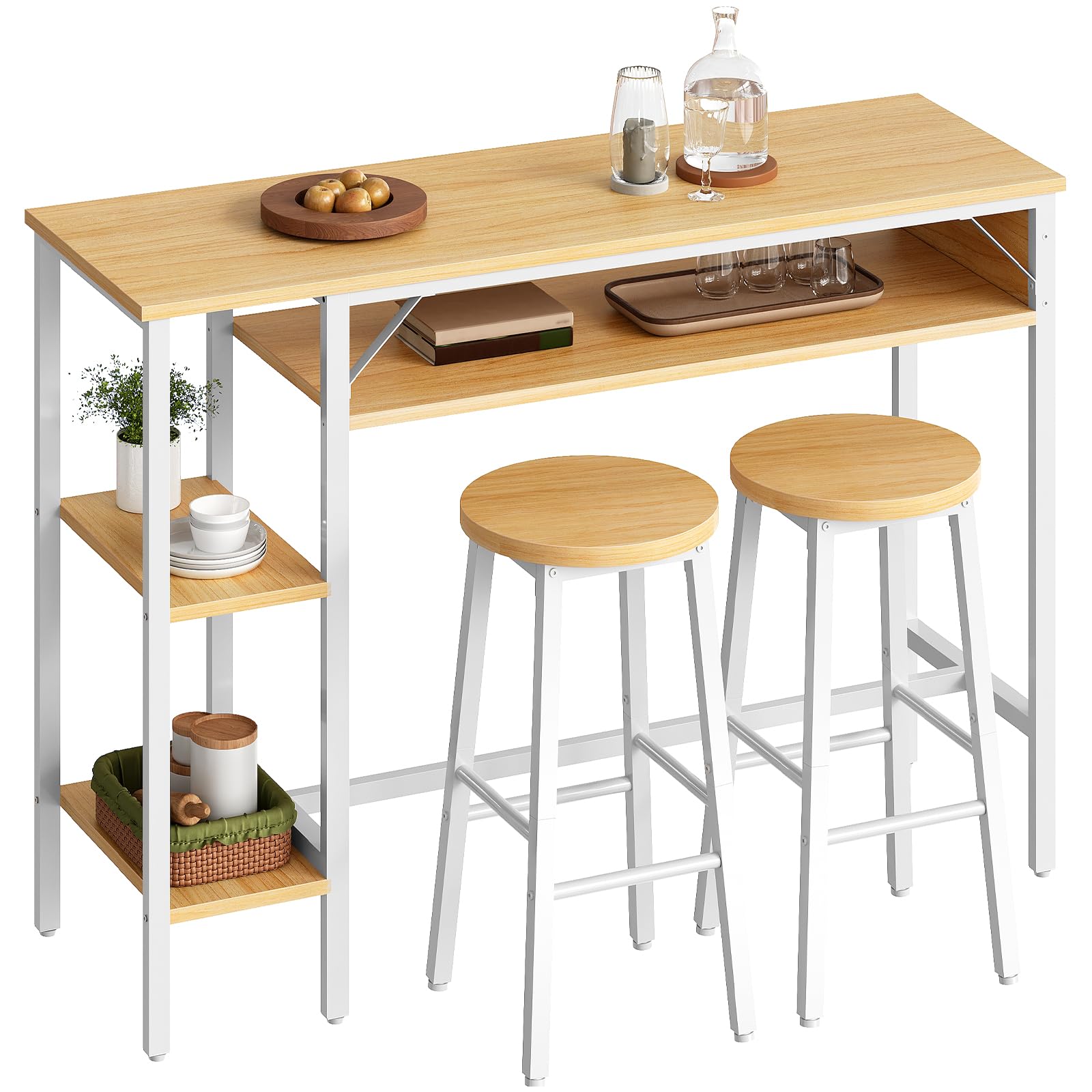 HOOBRO Juego de Mesa y Taburetes de Bar, Mesa Alta para Bar con Estantería de 3 Niveles y 2 Taburetes Redondos, para Cocina, Sala de Estar, Comedor, Blanco y Natural EWN07BT01