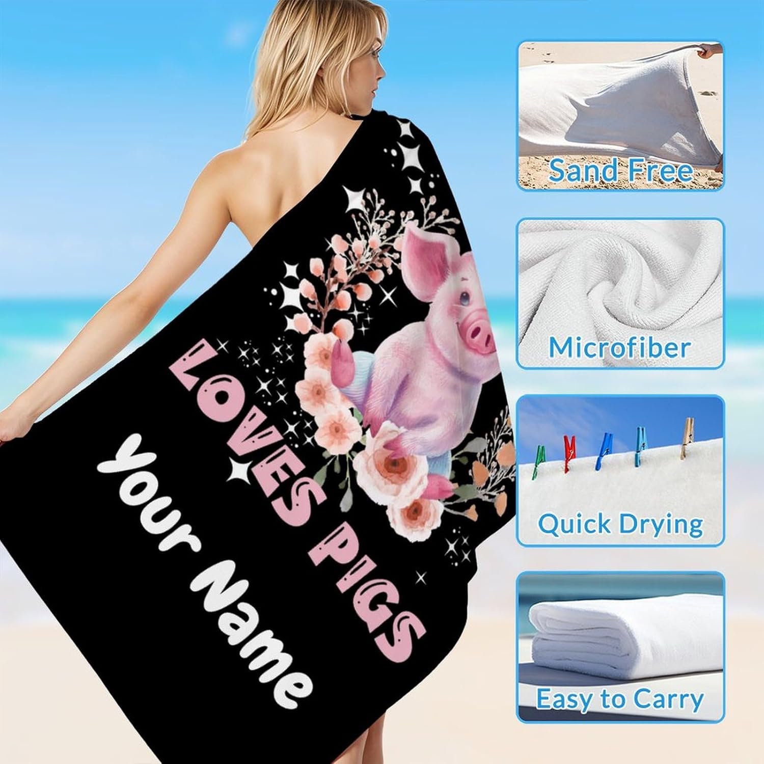 Girls Beach Towel, Personalized Pig Bath Towel, Soft Sand Free Microfiber Bathroom Towels for Seaside Swim, 40x70 Inch