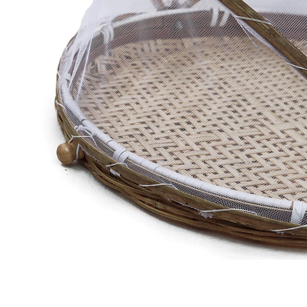 Serving Food Tent Basket, Hand Woven Round Food Basket with Mesh Cover Fruit Basket for Outdoor Use (35cm)