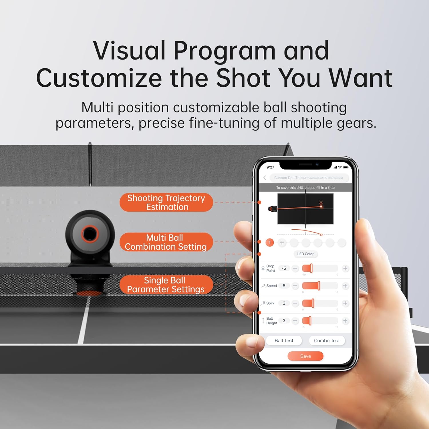 PONGBOT Table Tennis Robot with Net Ping Pong Ball Machine, Remote/APP Control, 576 Pre-saved Trajectories, Automatic Oscillation, Programmable Drills-Frequency/Ball Speed/Rotation/Landing/Hight