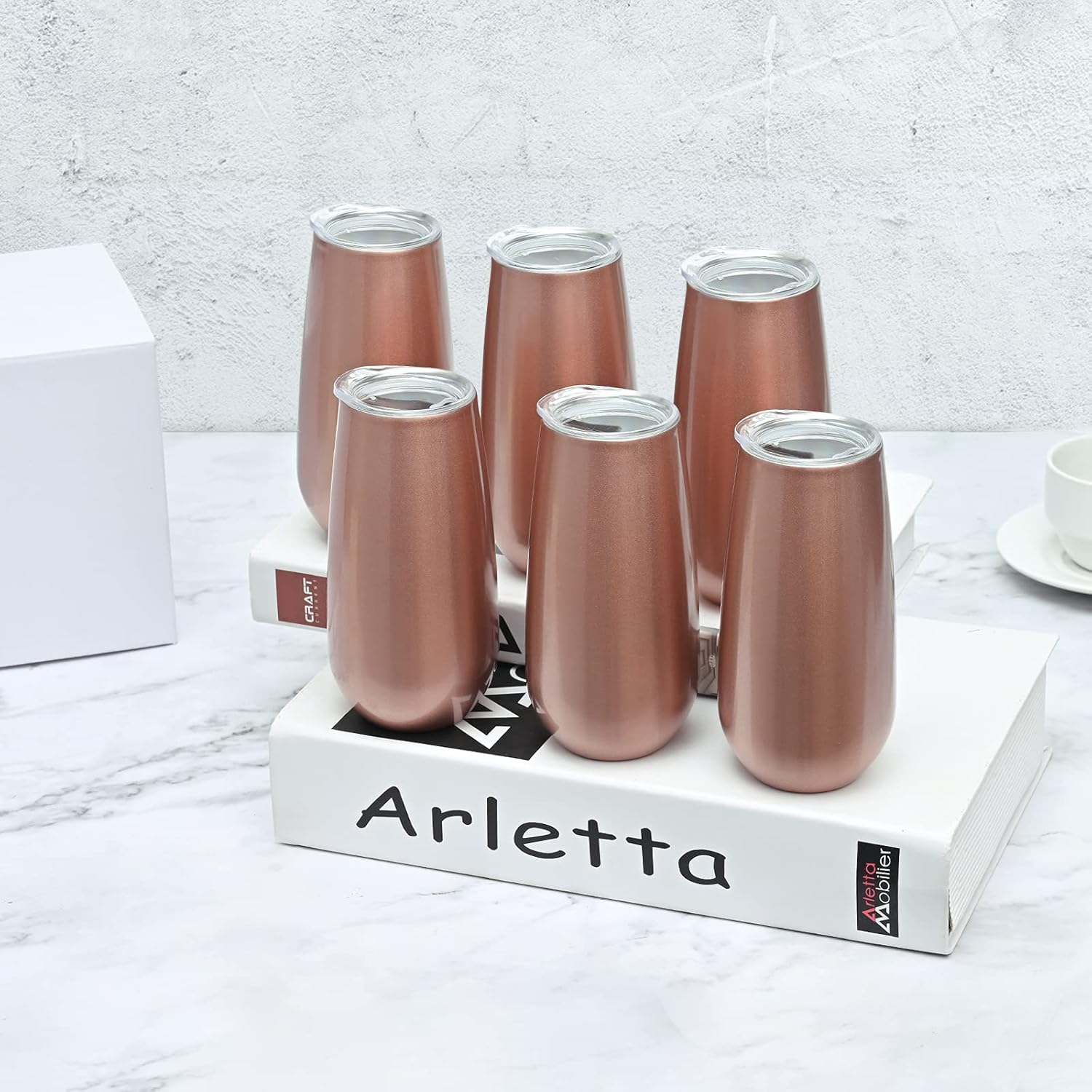 6 Pack Insulated Champagne Tumblers, Stemless 6 Oz Wine Flutes, Unbreakable Cocktail Cups With Lid, Gift for Family Friends Christmas Birthday Wedding (Rose Gold) - Image 2