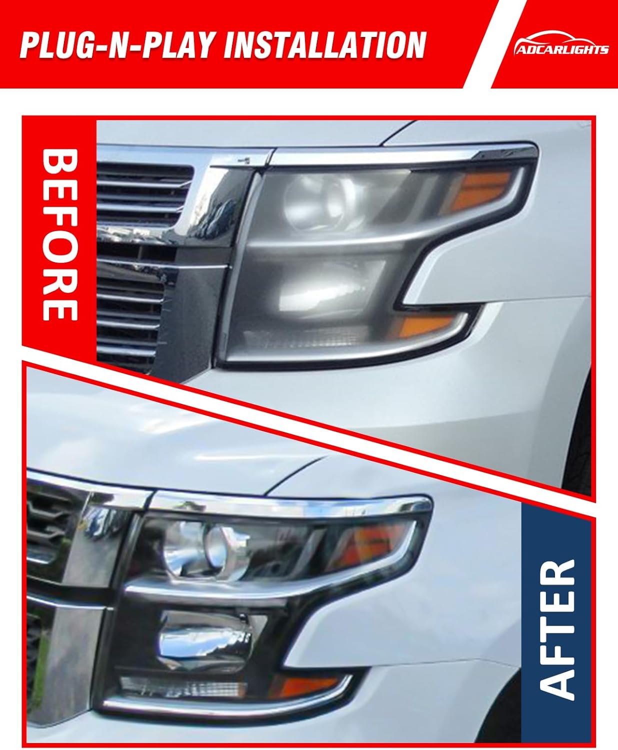 Headlamp Compatible with Chevy 16 17 18 19 Suburban 3500HD fit 2015-2020 Suburban/Tahoe Headlight Assembly with Chrome Housing Amber Reflector Replacement Left+ Right Pair