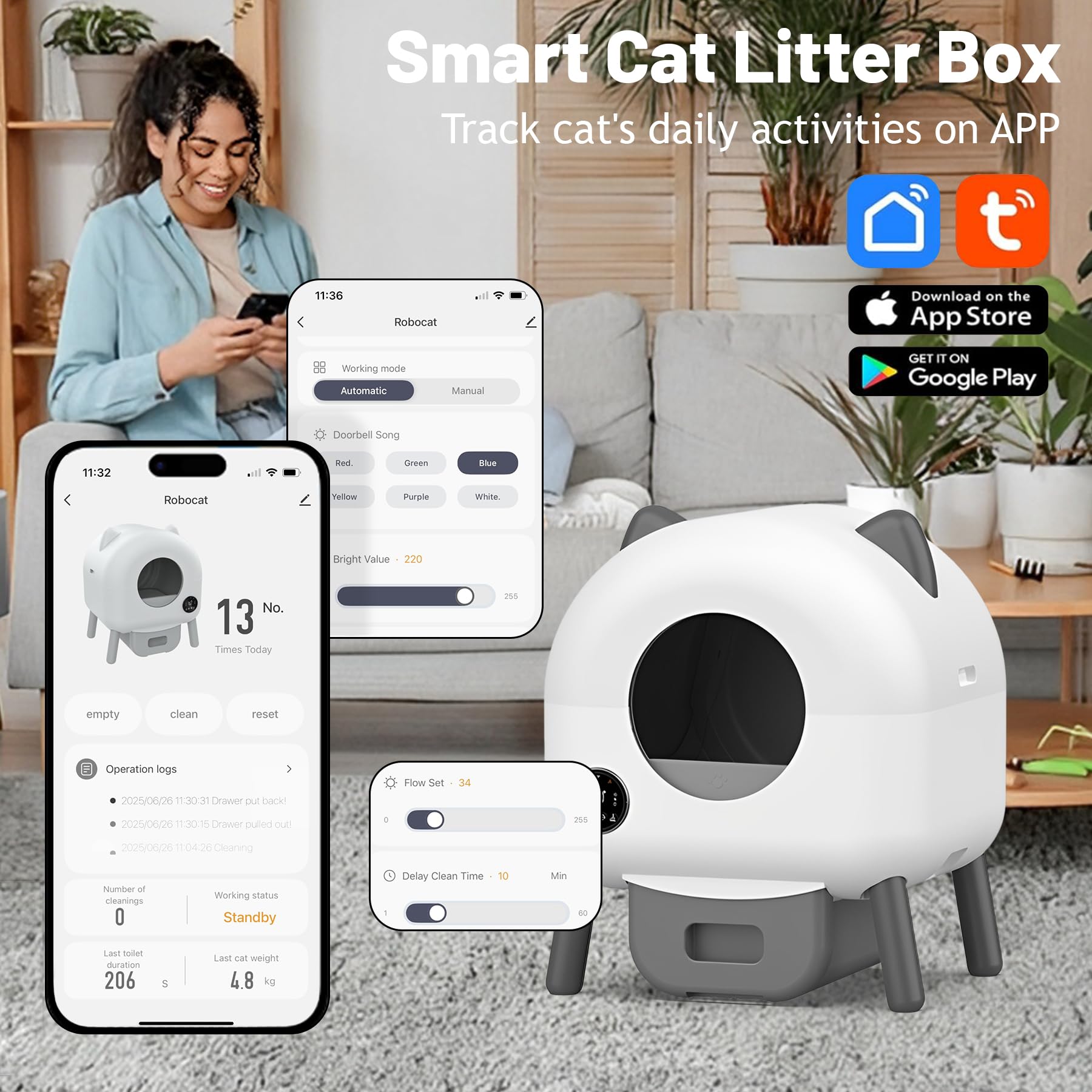 Arenero Gatos Autolimpiable, Caixa de Areia Automatico 76L, Protección de Seguridad/Control de Aplicaciones/Inodoro/Iluminación Ambiental, Arenero Automatico Gatos para Varios Gatos