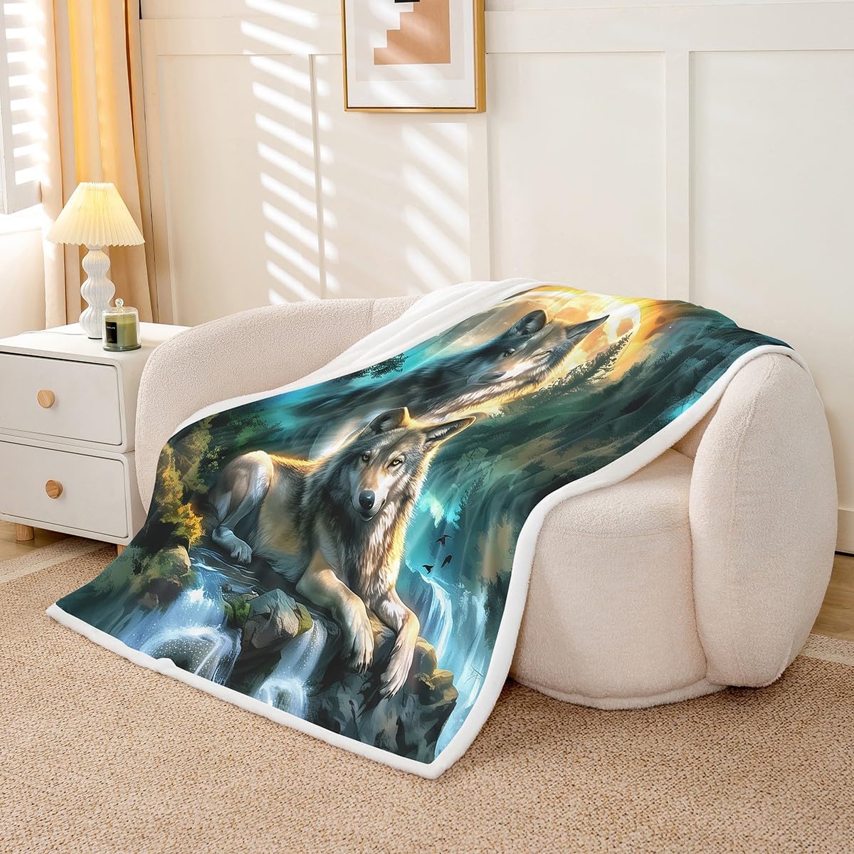 Feelyou Wolf Sherpa Blanket Queen 90"x90" Mountain Moon Wolves Fleece Throw Blanket for Bed Sofa Couch Wild Animals Plush Blanket Fantasy Wildlife Print Fuzzy Blanket