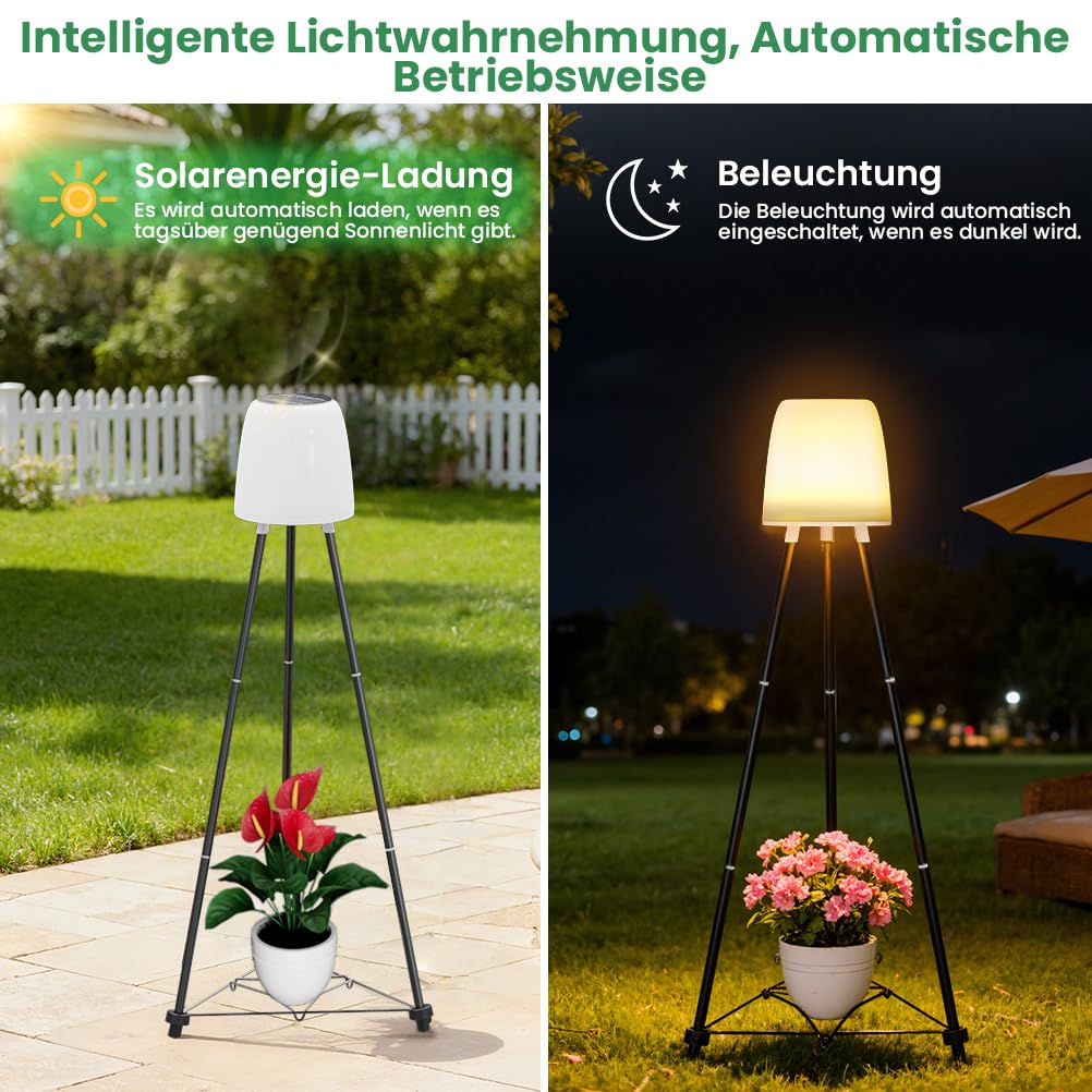 OUSFOT Solar Stehlampe Outdoor mit Blumenständer, RGB und Warmweiß, Wasserdicht Akku Stehlampe Kabellos für Nachhaltige Terrasse Beleuchtung, Solar Stehleuchte für Garten, Swimmingpool, Innenhöfe