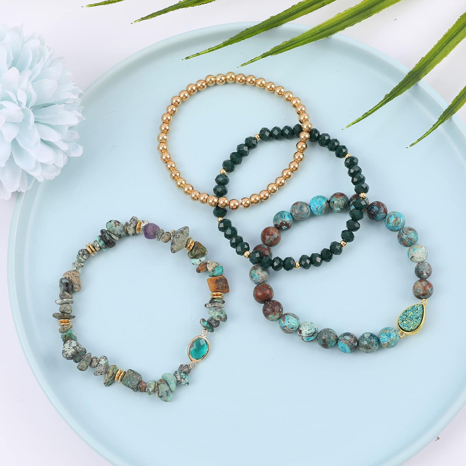 Bohemian Natural Stone Beaded Bracelets for Women Men Stackable Stretch Beads Bracelet Set with Charm and Tassel Multilayered Elastic Gemstone Bracelets Summer Beach Boho Jewelry Gift for Women - Image 4