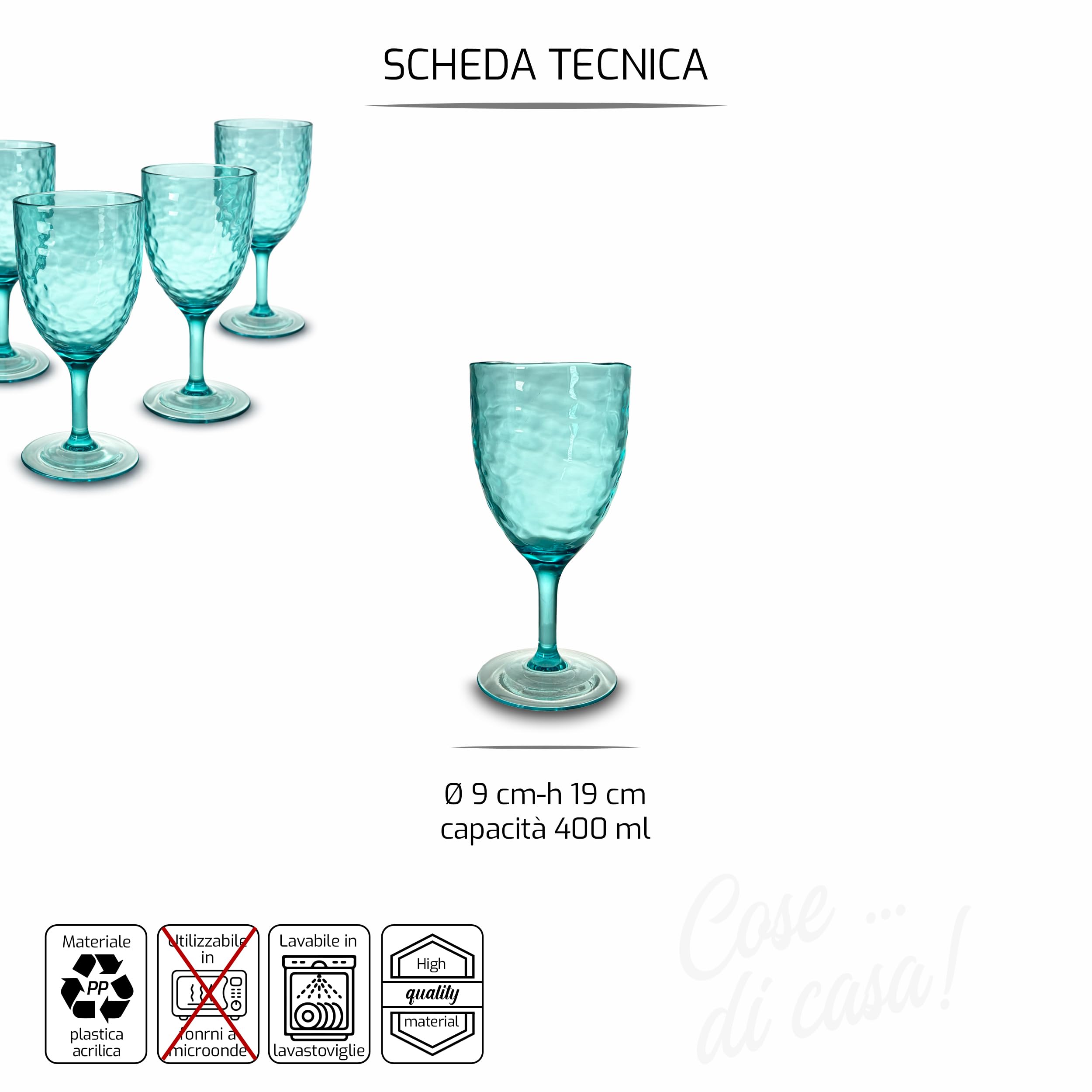 ARCA, Set di 4 Calici in Pasta Acrilica, per 4 Persone, Bicchieri Ideali per la Tavola, Resistenti e Duraturi, Collezione Hammered, Verde, 430 ml