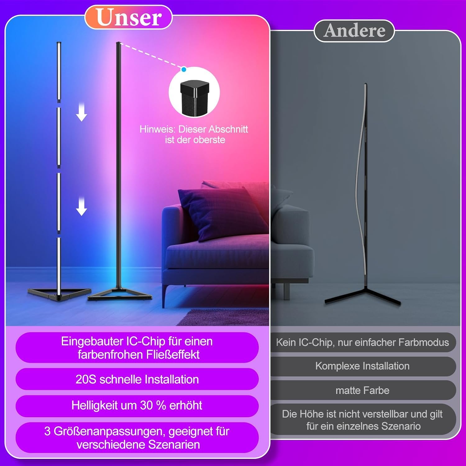 LED Stehlampe Wohnzimmer Dimmbar - 140cm Abnehmbar Stehlampe RGB mit Fernbedienung &APP, 16 Millionen Farben, Musik Sync, Timing-Funktio LED Standleuchte für Schlafzimmer Gaming-Zimmer Deko Wohnzimmer